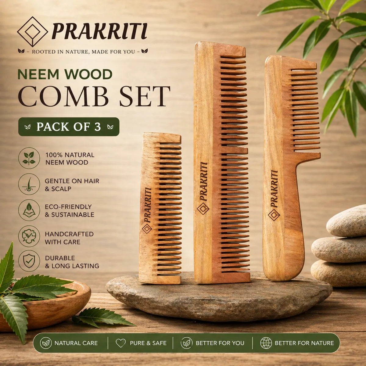 Neem Wood Comb | Natural Wooden Hair Comb | Prakriti