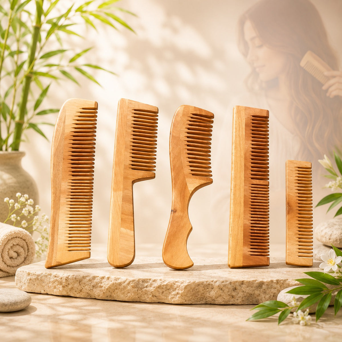 combo of 5 handmade natural neem wood combs | eco-friendly hair care set