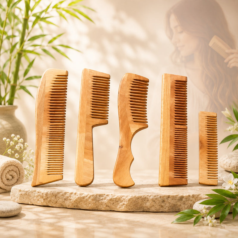 Combo of 5 Handmade Natural Neem Wood Combs | Eco-Friendly Hair Care Set