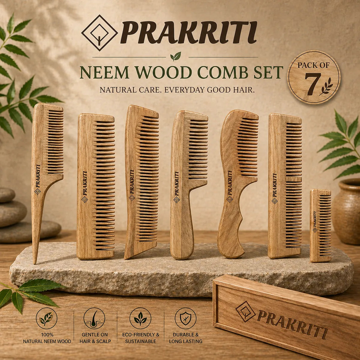 combo of 7 handmade natural neem wood combs | eco-friendly hair care set