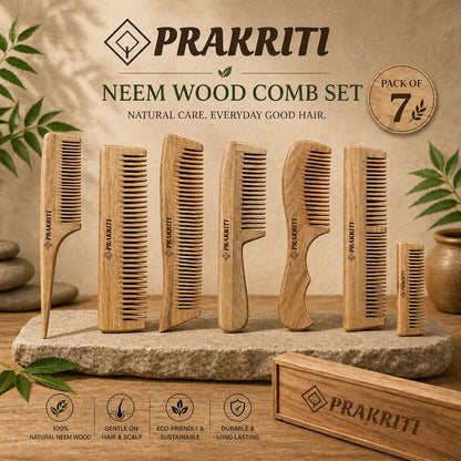 Combo of 7 Handmade Natural Neem Wood Combs | Eco-Friendly Hair Care Set