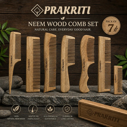 Combo of 7 Handmade Natural Neem Wood Combs | Eco-Friendly Hair Care Set