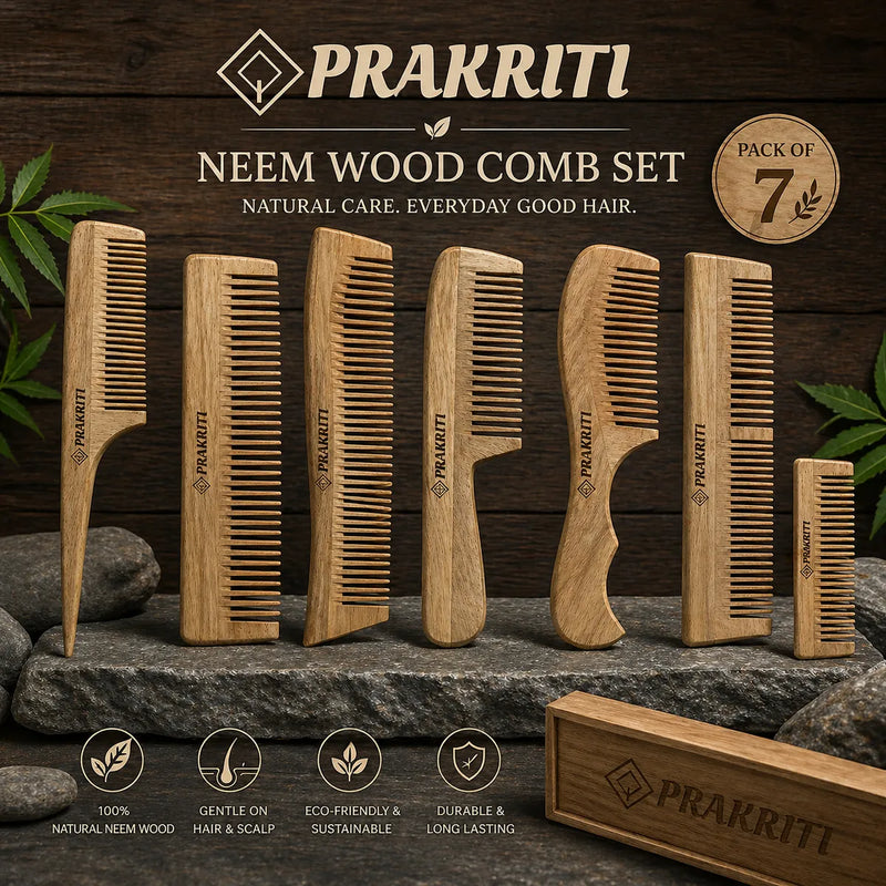 Combo of 7 Handmade Natural Neem Wood Combs | Eco-Friendly Hair Care Set