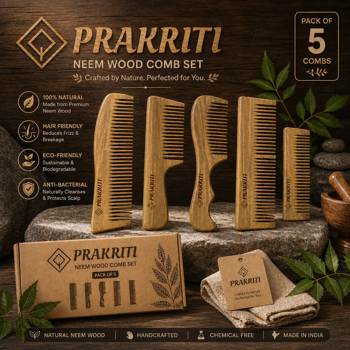 combo of 5 handmade natural neem wood combs | eco-friendly hair care set
