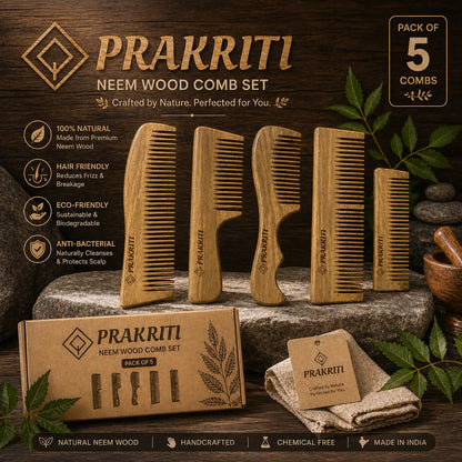 Combo of 5 Handmade Natural Neem Wood Combs | Eco-Friendly Hair Care Set