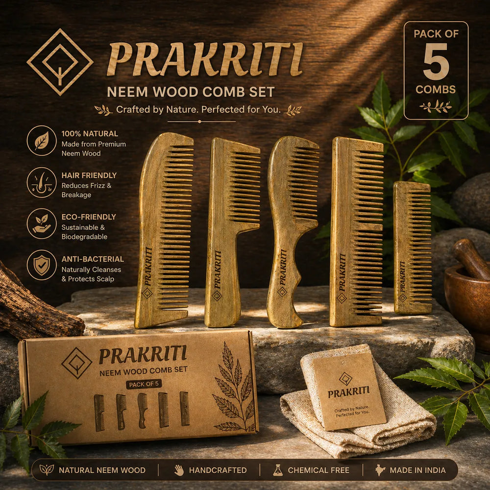 Combo of 5 Handmade Natural Neem Wood Combs | Eco-Friendly Hair Care Set