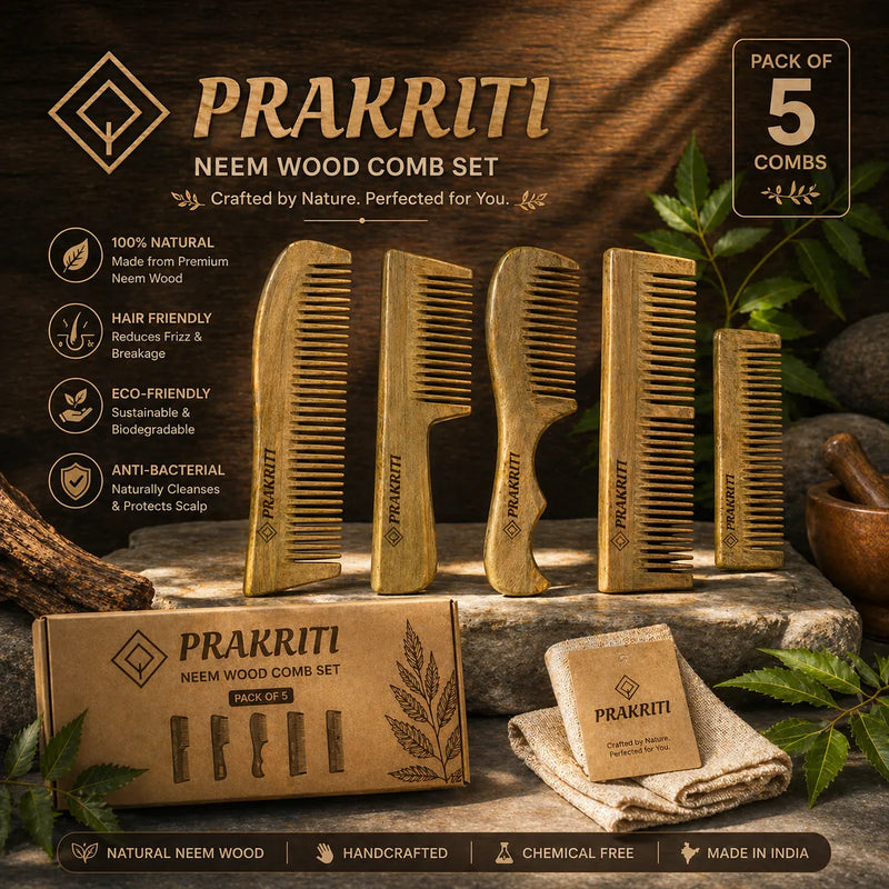 Combo of 5 Handmade Natural Neem Wood Combs | Eco-Friendly Hair Care Set