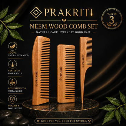 Combo of 3 Handmade Natural Neem Wood Combs | Gentle & Eco-Friendly Hair Care
