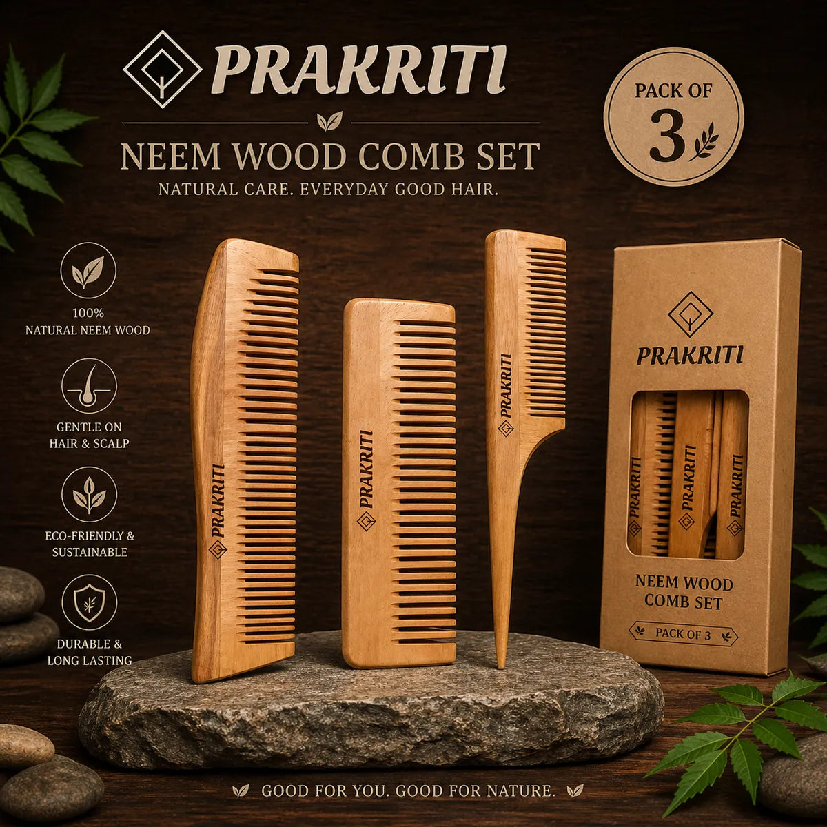 combo of 3 handmade natural neem wood combs | gentle & eco-friendly hair care
