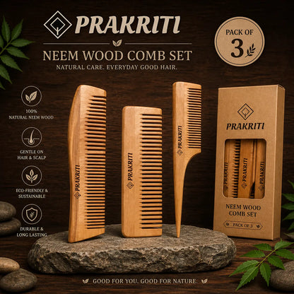 Combo of 3 Handmade Natural Neem Wood Combs | Gentle & Eco-Friendly Hair Care