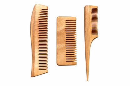 Combo of 3 Handmade Natural Neem Wood Combs | Gentle & Eco-Friendly Hair Care