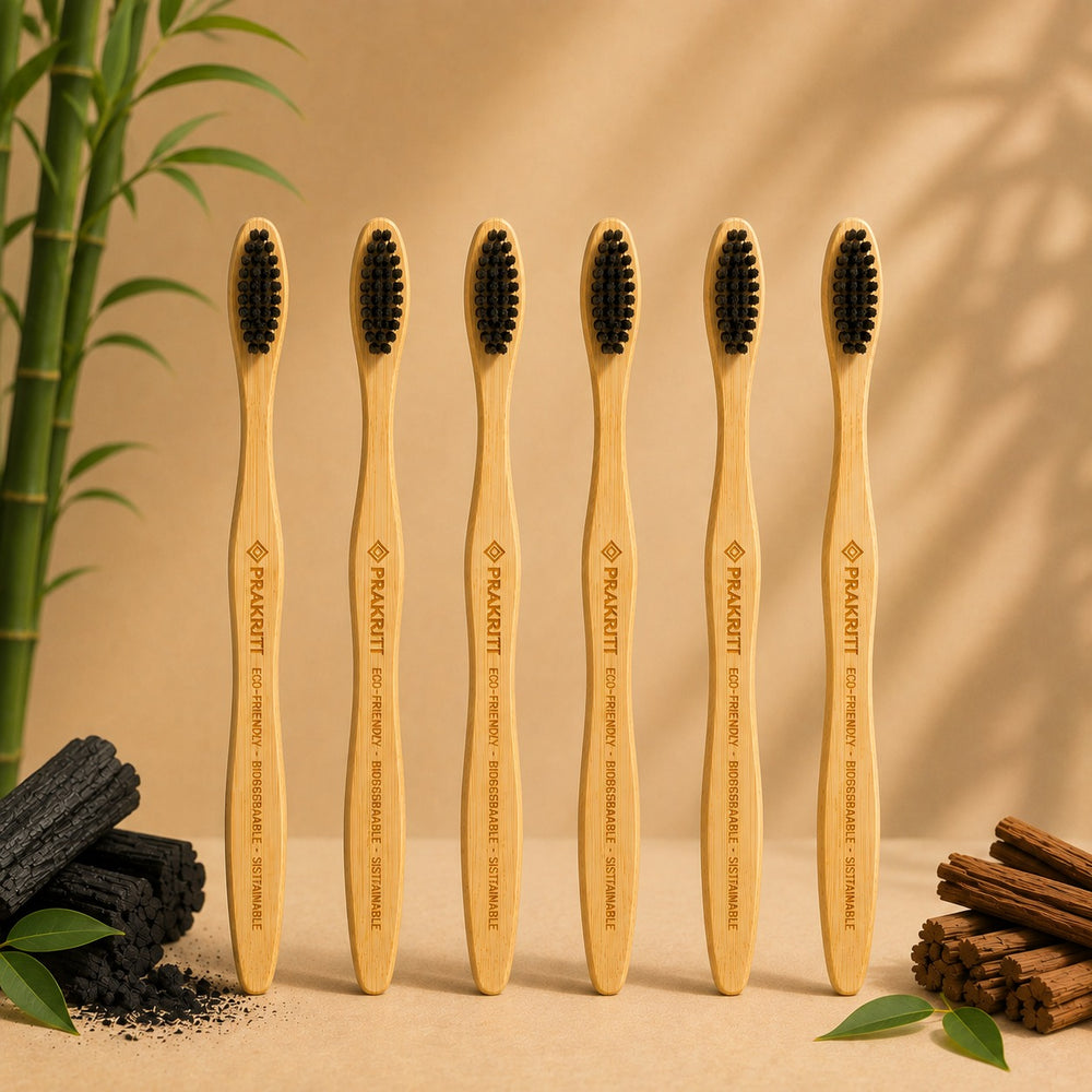 Pack of 6 Bamboo Toothbrushes with Soft Charcoal Bristles | Eco-Friendly Oral Care