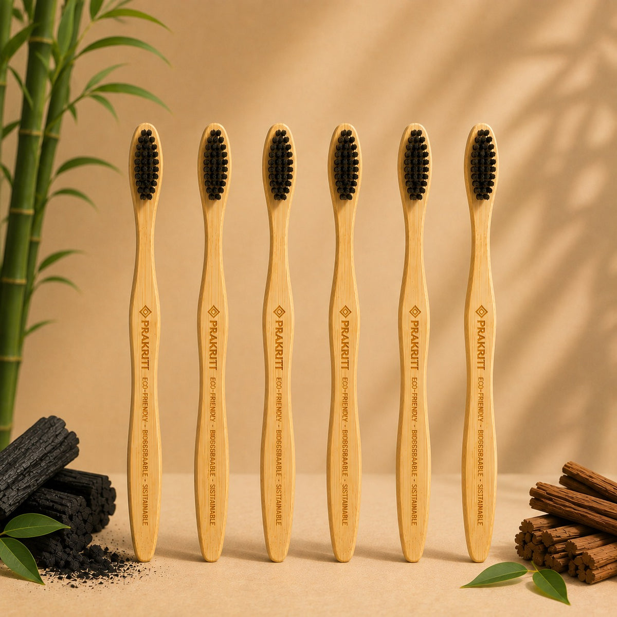 pack of 6 bamboo toothbrushes with soft charcoal bristles | eco-friendly oral care