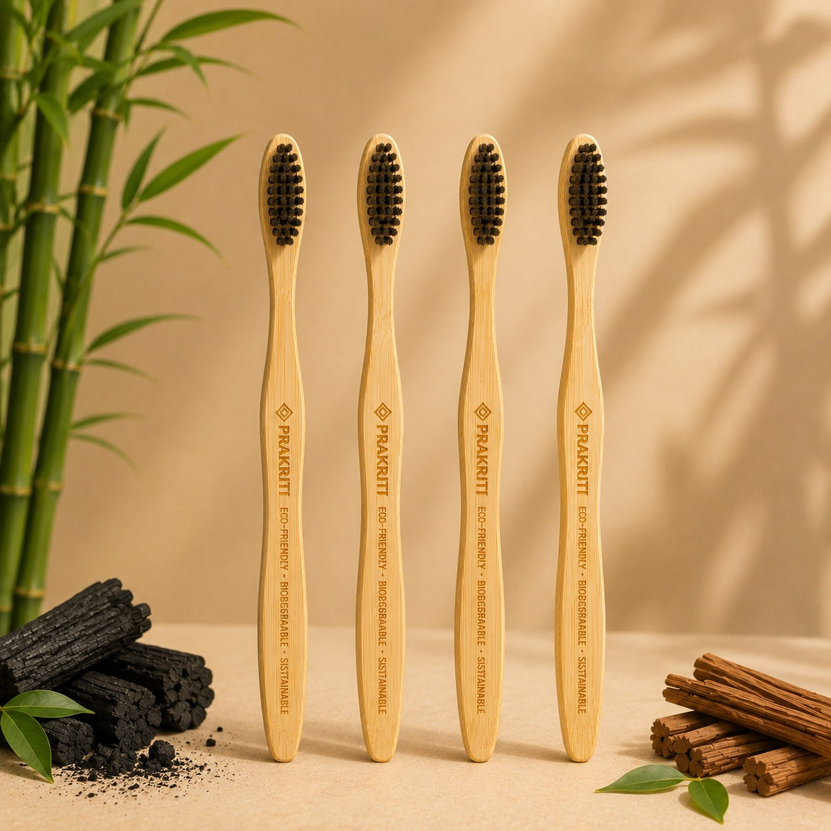 pack of 4 bamboo toothbrushes with soft charcoal bristles | eco-friendly oral care