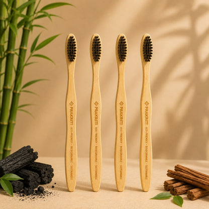 Pack of 4 Bamboo Toothbrushes with Soft Charcoal Bristles | Eco-Friendly Oral Care