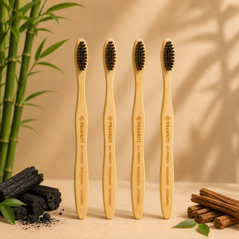 Pack of 4 Bamboo Toothbrushes with Soft Charcoal Bristles | Eco-Friendly Oral Care