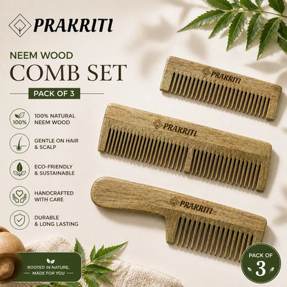 Combo of 3 Handmade Natural Neem Wood Combs | Eco-Friendly Hair Care