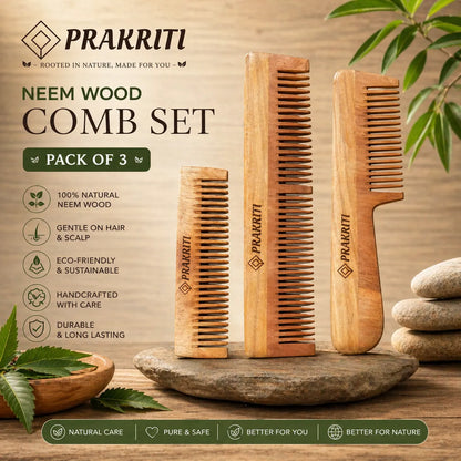 Combo of 3 Handmade Natural Neem Wood Combs | Eco-Friendly Hair Care
