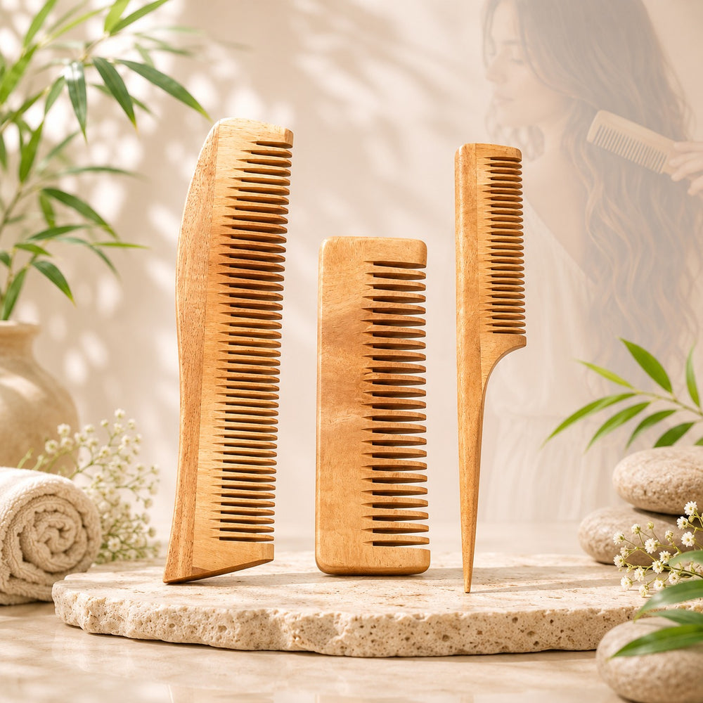 Combo of 3 Handmade Natural Neem Wood Combs | Gentle & Eco-Friendly Hair Care