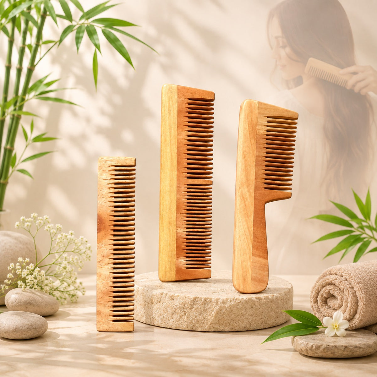 combo of 3 handmade natural neem wood combs | eco-friendly hair care