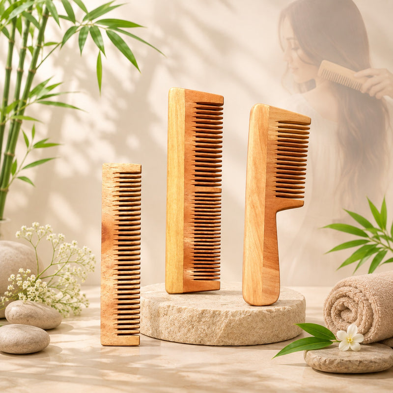 Combo of 3 Handmade Natural Neem Wood Combs | Eco-Friendly Hair Care