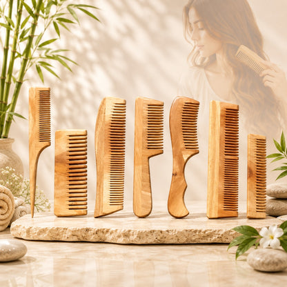 Combo of 7 Handmade Natural Neem Wood Combs | Eco-Friendly Hair Care Set