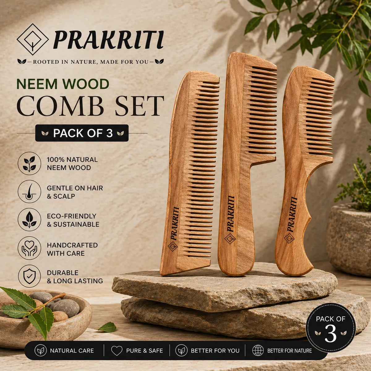 natural neem wood comb| pack of 3  | gentle hair care & everyday grooming