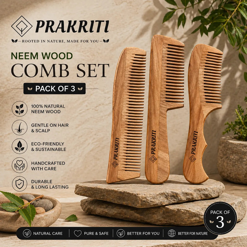 Natural Neem Wood Comb| Pack of 3  | Gentle Hair Care & Everyday Grooming